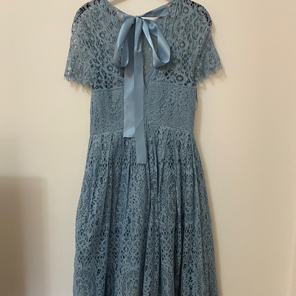 Blue Lace Midi Dress with ribbon tie and open back - Picture 6 of 13